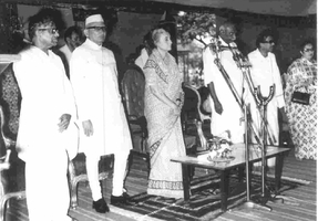 C.Subramanian, Indira Gandhi, Kamaraj and M.Karunanidhi at the Bala Mandir Silver Jubilee function in 1974