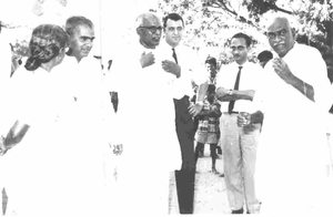 Kamaraj lays the foundation stone for the Dining Hall in 1967. PH Mortensen is also seen. 